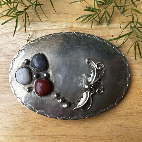 Southwest Belt Buckle 4" x 3" Red White Blue Fossil Dino Bone Sterling 75.0g - Picture 1 of 8